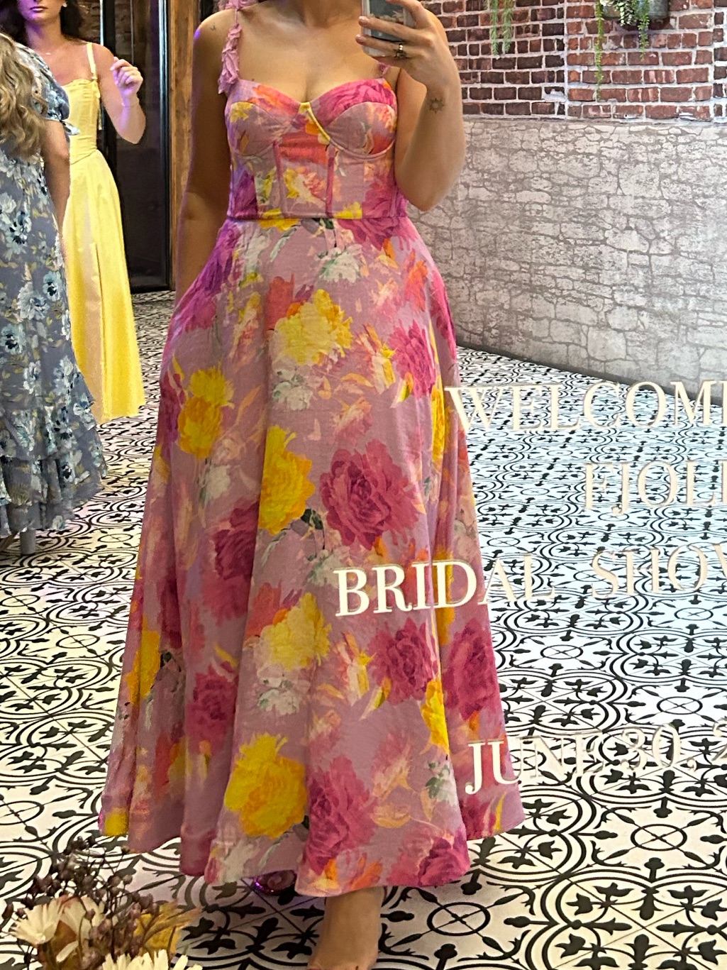 Monique Lhuillier Pink And Yellow Floral Bustier Midi Dress